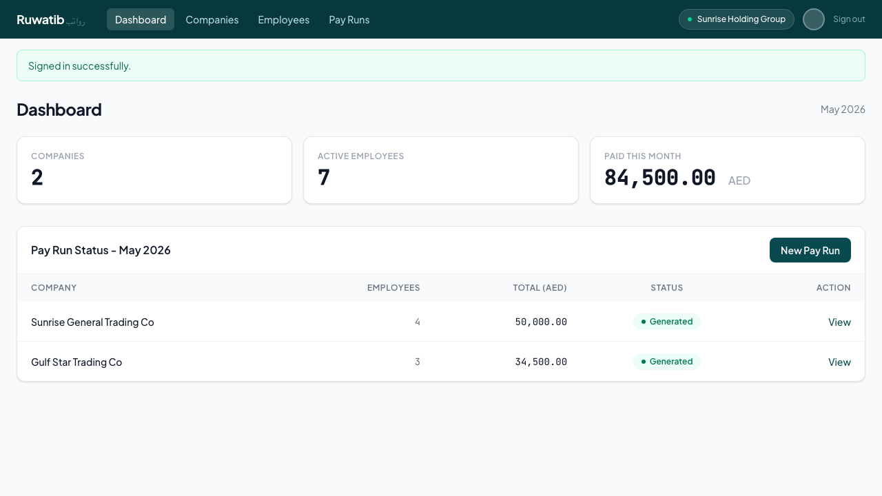 Ruwatib dashboard showing companies, employees, and pay run status